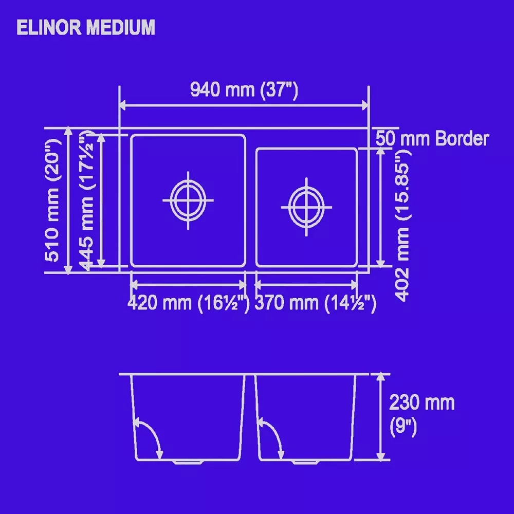 Nirali BG Meritox Elinor Kitchen Sink Medium 940x510 mm (37x20 inch) Hairline Satin Finish Stainless Steel 420x445x230 mm Bowl