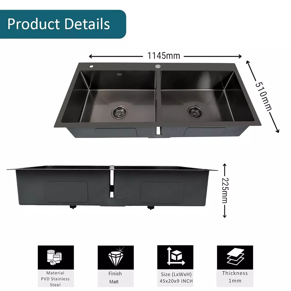 Jayna Regal PVD Square Series Double Bowl Kitchen Sink 45x20x9 inch, JRPV 4520 DT