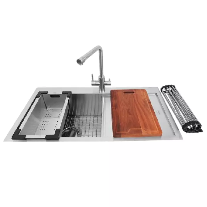 Jayna Combo Series Kitchen Sink Satin with Drain Board, Faucet & Accessories 36x20 Inch, COMBO -03A