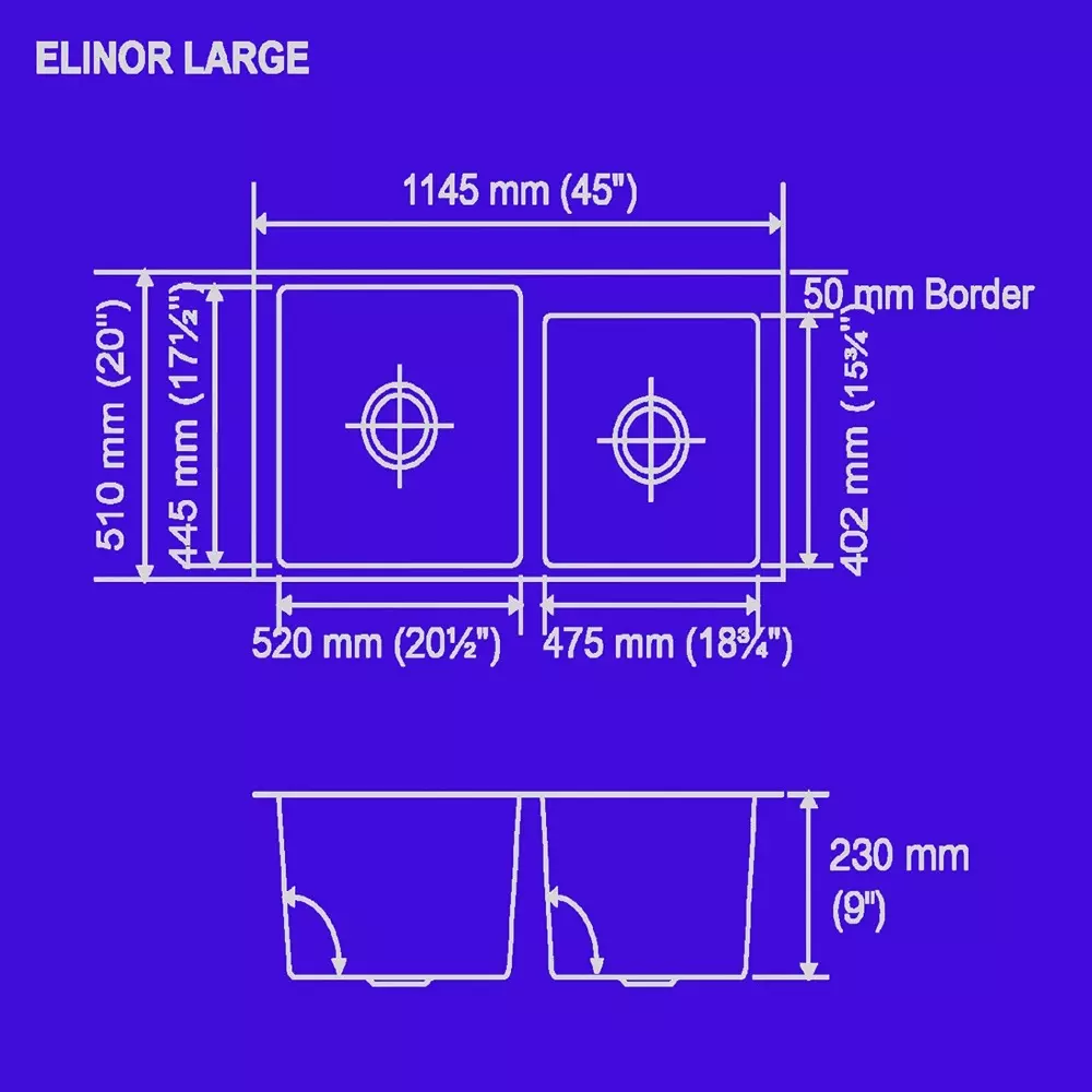 Nirali BG Meritox Elinor Kitchen Sink Large 1145x510 mm (45x20 inch) Hairline Satin Finish Stainless Steel 520x445x230 mm Bowl