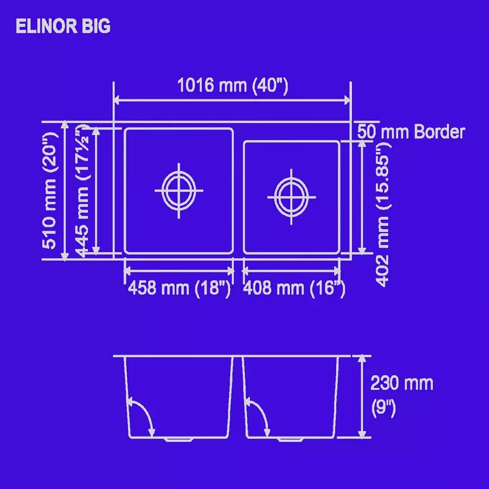 Nirali BG Meritox Elinor Kitchen Sink Big 1016x510 mm (40x20 inch) Hairline Satin Finish Stainless Steel 408x402x230 mm Bowl