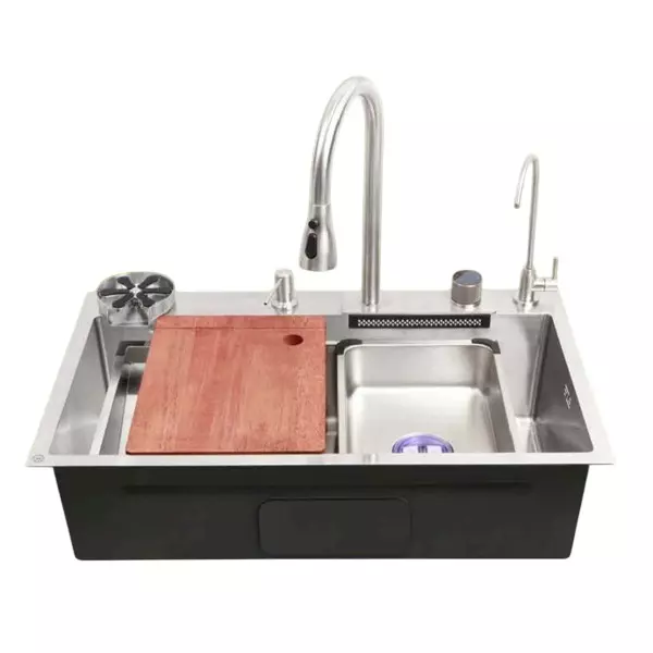 LIPKA WATERFALL Kitchen Sink 750x450x240 mm Matte Finish Stainless Steel Single Bowl, HMSB16WF-SILVER-304