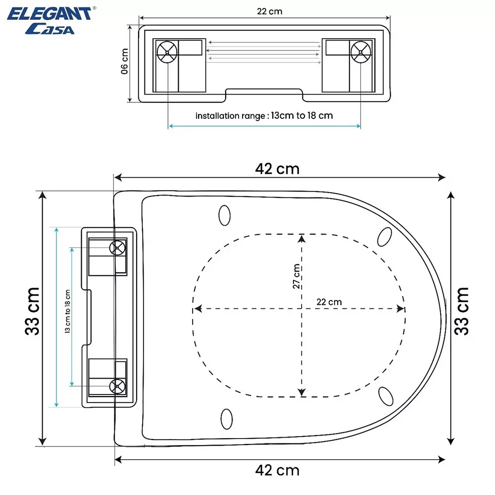ELEGANT CASA Sleek Toilet Seat Cover Polypropylene (PP) 42x33 cm White, A-8