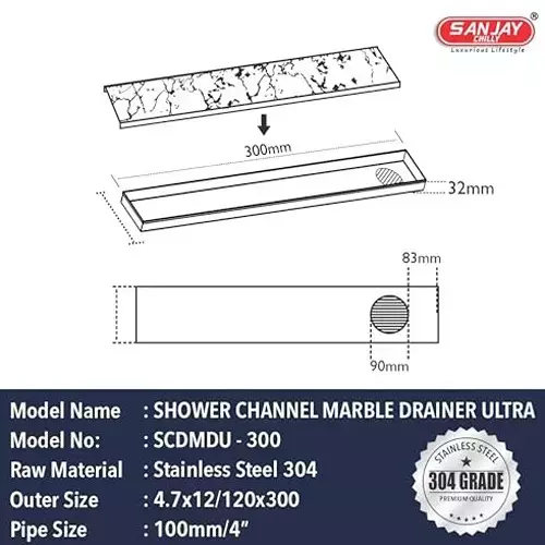 Sanjay Chilly Insert Shower Drain Channel 120x450 mm (‎4.7 x 18 inch), ‎SCDMDU-450-SH