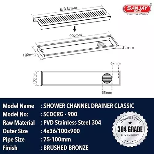 Sanjay Chilly Classic Shower Drain Channel Brushed Bronze 100x900 mm (‎4 x 36 inch), ‎SCDCBB-900