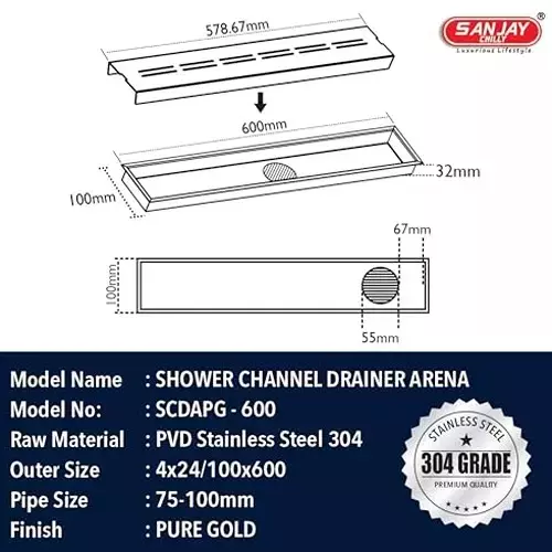 Sanjay Chilly Arena Shower Drain Channel Pure Gold 100x600 mm (‎4 x 24 inch), ‎SCDAPG-600