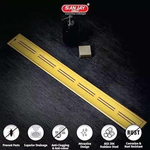 Sanjay Chilly Arena Shower Drain Channel Pure Gold 100x600 mm (‎4 x 24 inch), ‎SCDAPG-600