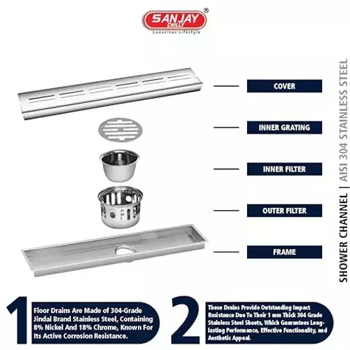 Sanjay Chilly Shower Drain Channel Silver 100x800 mm (‎4 x 32 inch), ‎SCDA-800