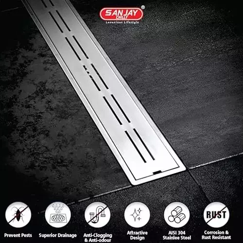 Sanjay Chilly Shower Drain Channel Silver 100x800 mm (‎4 x 32 inch), ‎SCDA-800