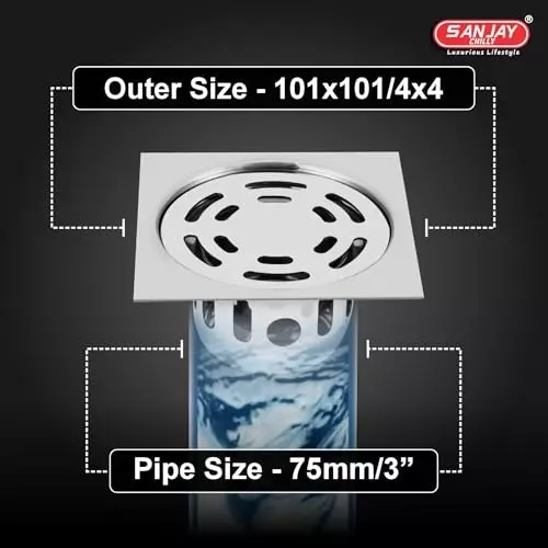 Sanjay Chilly Square Ringo Floor Drainer with Cockroach Trap Sliver 101 x 101 mm, ‎SCCT-SR-101