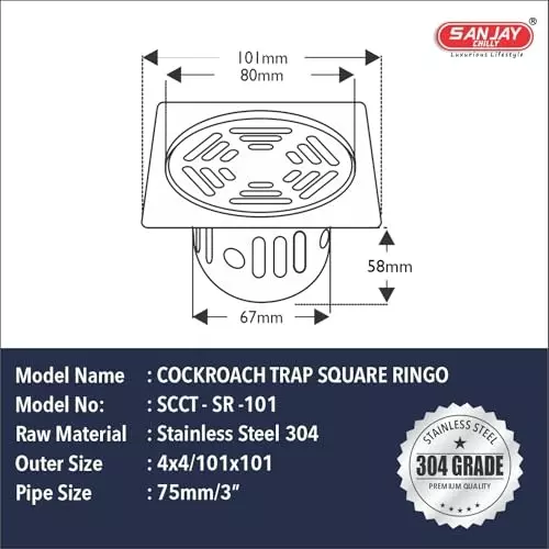 Sanjay Chilly Square Ringo Floor Drainer with Cockroach Trap Sliver 101 x 101 mm, ‎SCCT-SR-101