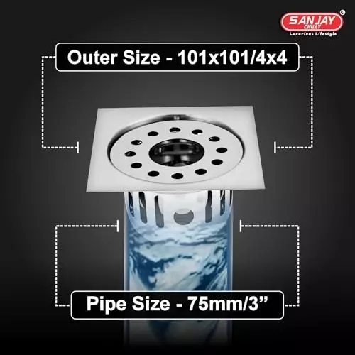 Sanjay Chilly Square Gypsy Floor Drainer with Cockroach Trap and Pipe Hole Silver 101 x 101 mm, ‎SCCT-SG-101