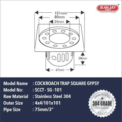 Sanjay Chilly Square Gypsy Floor Drainer with Cockroach Trap and Pipe Hole Silver 101 x 101 mm, ‎SCCT-SG-101