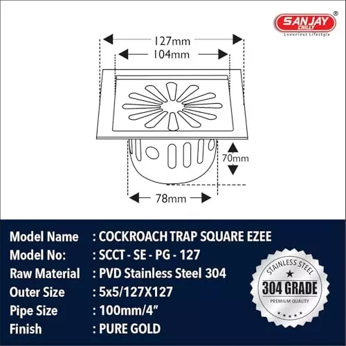 Sanjay Chilly Square Ezee Floor Drainer with Cockroach Trap Pure Gold 127 x 127 mm, SCCT-SE-PG-127