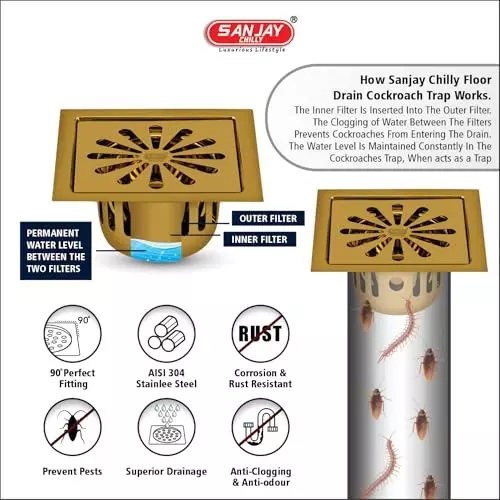 Sanjay Chilly Square Ezee Floor Drainer with Cockroach Trap Pure Gold 127 x 127 mm, SCCT-SE-PG-127