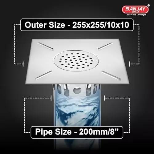 Sanjay Chilly Square Floor Drainer with Cockroach Trap Silver 255 x 255 mm, ‎SCCT-S-255
