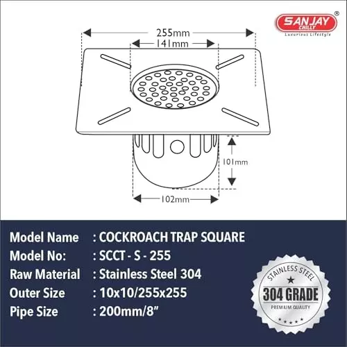 Sanjay Chilly Square Floor Drainer with Cockroach Trap Silver 255 x 255 mm, ‎SCCT-S-255