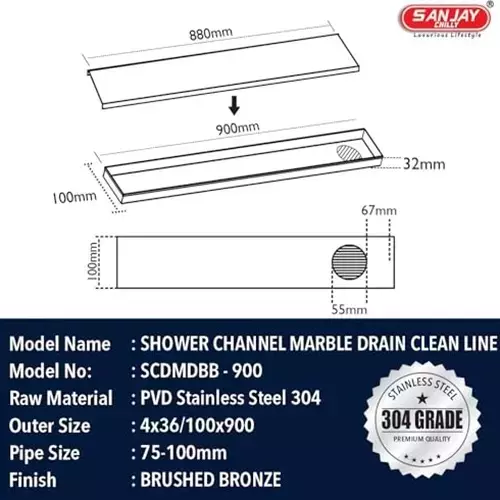 Sanjay Chilly Marble Shower Drain Channel Brushed Bronze Side Hole 100 x 900 mm, SCDTDBB-900