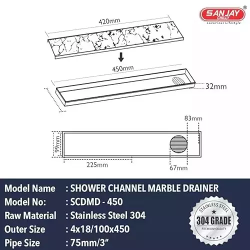 Sanjay Chilly Tile Insert Shower Drain Channel Silver Side Hole 100 x 450 mm, SCDTD-450