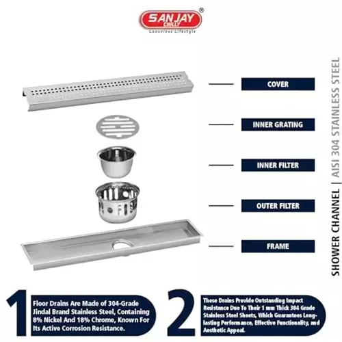 Sanjay Chilly Square Shower Drain Channel Silver Side Hole 100 x 600 mm, SCDSQ- 600