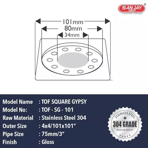 Sanjay Chilly Tof Square Gypsy Floor Drainer with Pipe Hole Silver 101 x 101 mm, TOF-SG-101