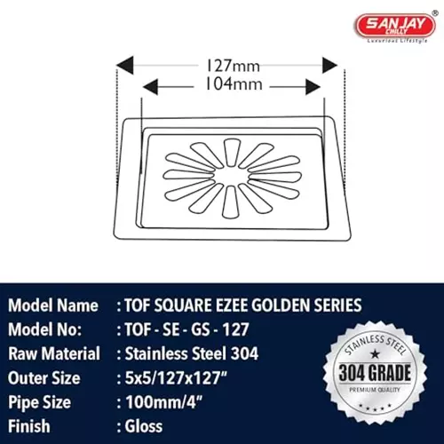 Sanjay Chilly Tof Square Ezee Floor Drainer Silver 127 x 127 mm, TOF-SE-GS-127