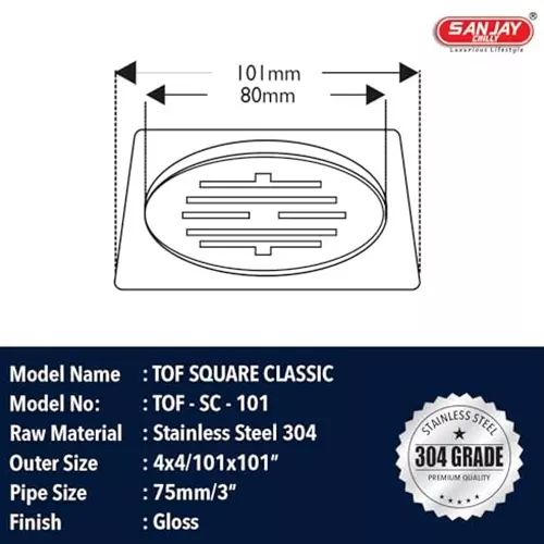 Sanjay Chilly Tof Square Classic Floor Drainer Silver 101 x 101 mm, TOF-SC-101