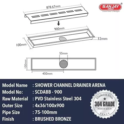 Sanjay Chilly Shower Channel Drain Cover Brished Bronze 101.6 x 914.4 mm (‎4 x 36 inch), CH-SCDABB-900
