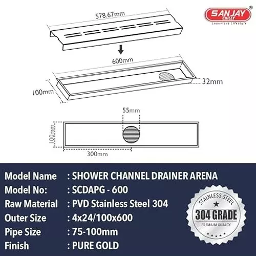 Sanjay Chilly Shower Drain Channel Gold 101.6 x 609.6 mm (‎4 x 24 inch), CH-SCDAPG-600