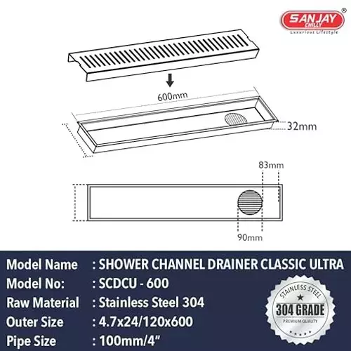 Sanjay Chilly Classic Ultra Shower Drain Channel 120x600 mm (‎4.7 x 24 inch), ‎SCDCU-600-SH