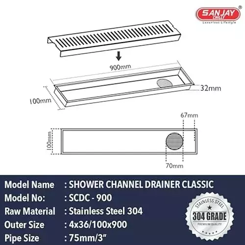 Sanjay Chilly Classic Shower Drain Channel Silver 100x900 mm (‎4 x 36 inch), ‎SCDC- 900