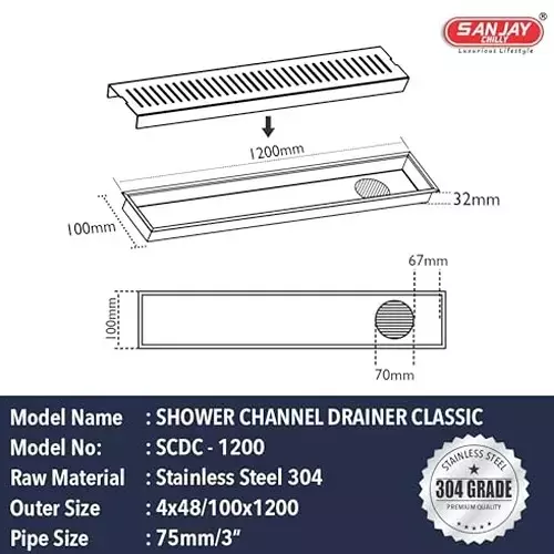 Sanjay Chilly Classic Shower Drain Channel Silver 100x1200 mm (‎4 x 48 inch), ‎SCDC- 1200