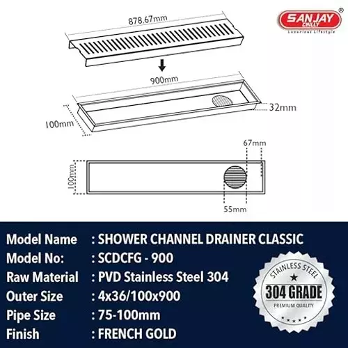 Sanjay Chilly Arena Shower Drain Channel French Gold 100x900 mm (‎4 x 36 inch), ‎SCDAFG-900