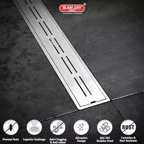 Sanjay Chilly Arena Shower Drain Channel Silver 100x900 mm (‎4 x 36 inch), ‎SCDA-CH-900