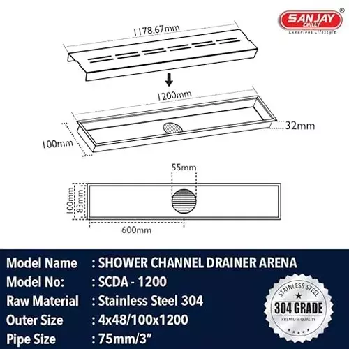Sanjay Chilly Arena Shower Drain Channel Silver 100x1200 mm (‎4 x 48 inch), ‎SCDA-CH-1200