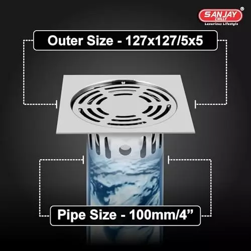 Sanjay Chilly Square Ringo Floor Drainer with Cockroach Trap Sliver 127 x 127 mm, ‎SCCT-SR-127