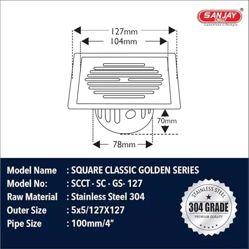 Sanjay Chilly Square Classic Golden Floor Drainer with Cockroach Trap Silver 127 x 127 mm, SCCT-SC-GS-127