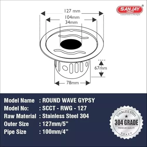 Sanjay Chilly Round Wave Gypsy Floor Drainer with Cockroach Trap and Pipe Hole Sliver 127 mm, ‎SCCT-RWG-127