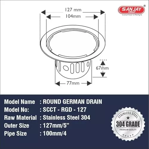 Sanjay Chilly Round German Floor Drainer with Cockroach Trap Sliver 127 mm, ‎SCCT-RGD-127