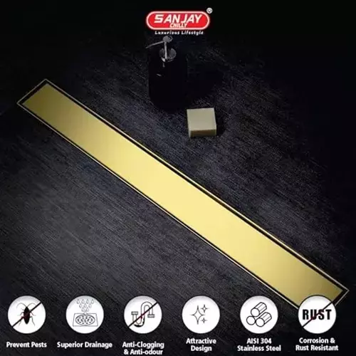 Sanjay Chilly Marble Shower Drain Channel French Gold Side Hole 100 x 900 mm, SCDTDFG-900