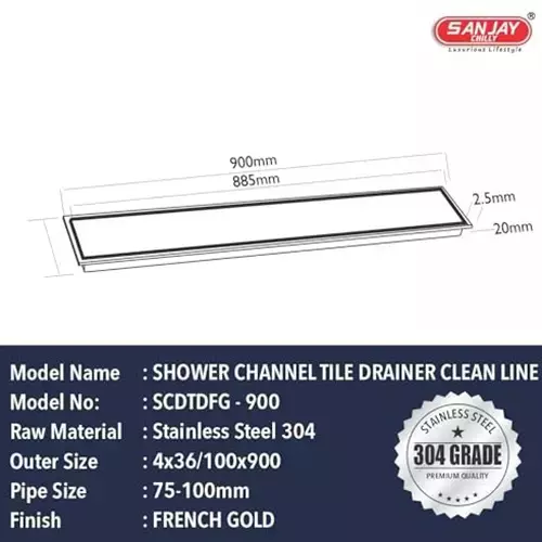 Sanjay Chilly Marble Shower Drain Channel French Gold Side Hole 100 x 900 mm, SCDTDFG-900