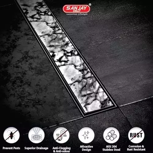 Sanjay Chilly Marble Shower Drain Channel Silver Center Hole 100 x 600 mm, SCDTD-CH-600