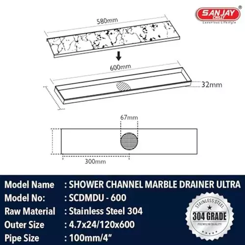 Sanjay Chilly Marble Shower Drain Channel Silver Center Hole 100 x 600 mm, SCDTD-CH-600