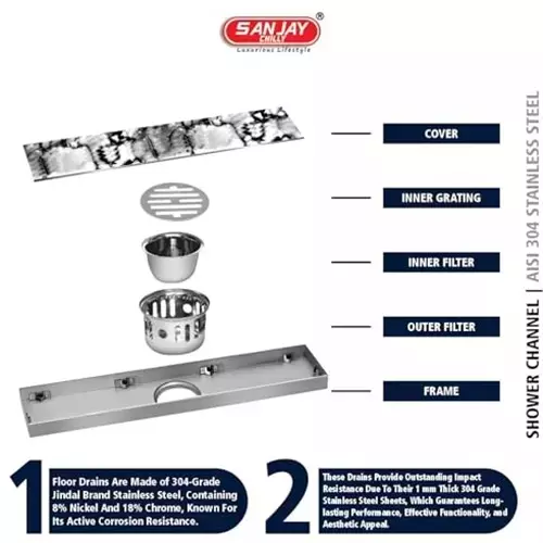 Sanjay Chilly Marble Shower Drain Channel Silver Center Hole 100 x 600 mm, SCDTD-CH-600