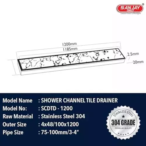 Sanjay Chilly Tile Insert Shower Drain Channel Silver Center Hole 100 x 1200 mm, SCDTD-CH-1200