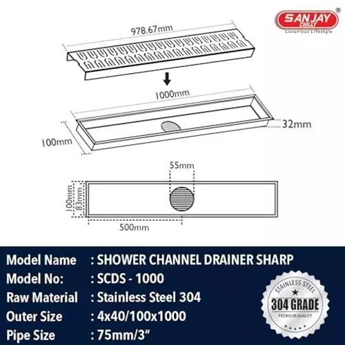 Sanjay Chilly Sharp Shower Drain Channel Silver Center Hole 100 x 1000 mm, SCDS-CH- 1000
