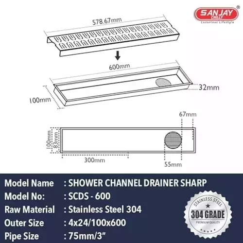 Sanjay Chilly Sharp Shower Drain Channel Silver Side Hole 100 x 600 mm, SCDS- 600