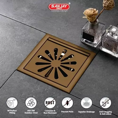 Sanjay Chilly Tof Square Ezee Floor Drainer Brushed Bronze 127 x 127 mm, TOF-SE-BB-127