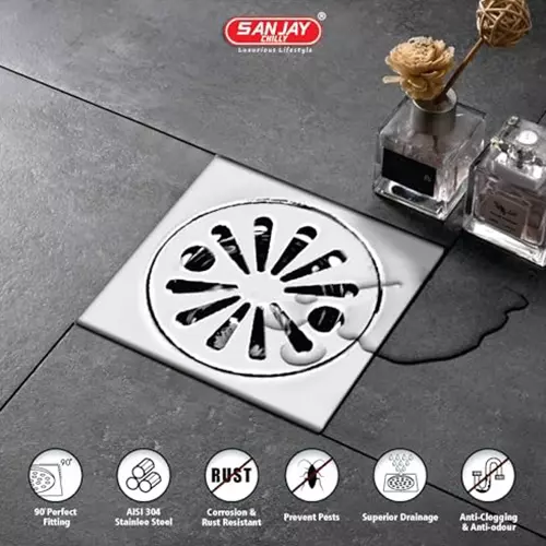 Sanjay Chilly Tof Square Ezee Floor Drainer Silver 153 x 153 mm, TOF-SE-153
