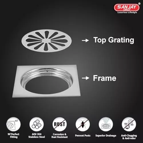 Sanjay Chilly Tof Square Ezee Floor Drainer Silver 153 x 153 mm, TOF-SE-153